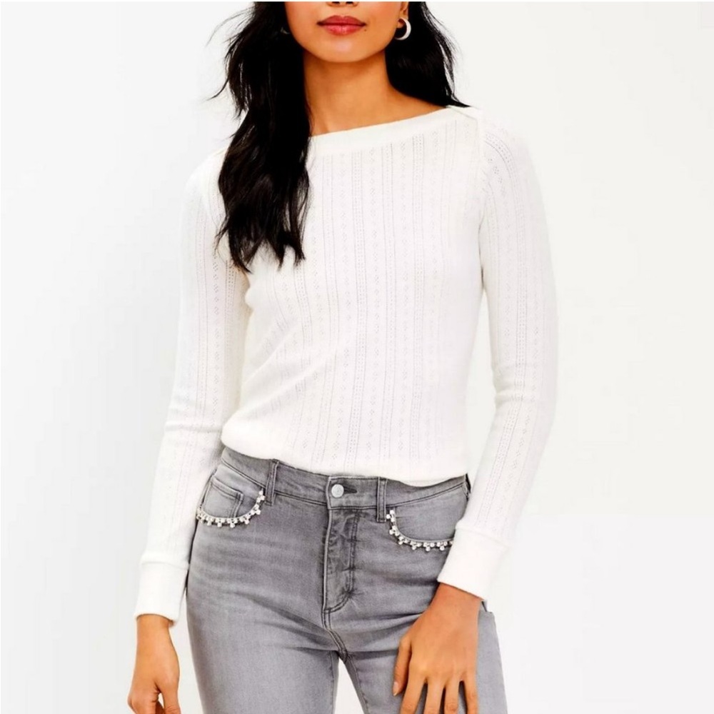 Ann Taylor LOFT Pointelle Knit Boatneck Pullover Sweater Cream Large